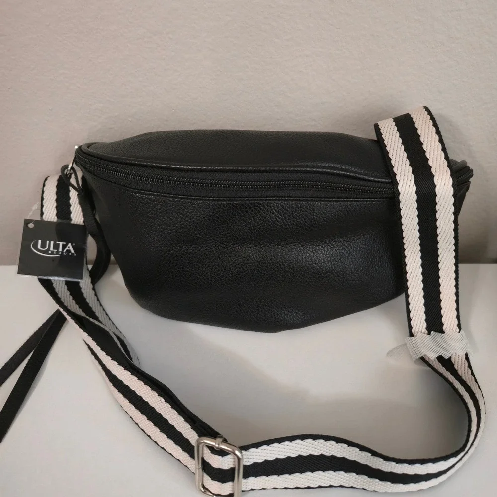 Ulta Beauty Black Pebbled Faux Leather Belt Bag Striped Guitar Strap NWT